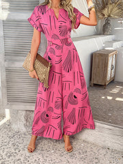 Buttoned Contrast Color High Waisted Loose V-Neck Jumpsuits