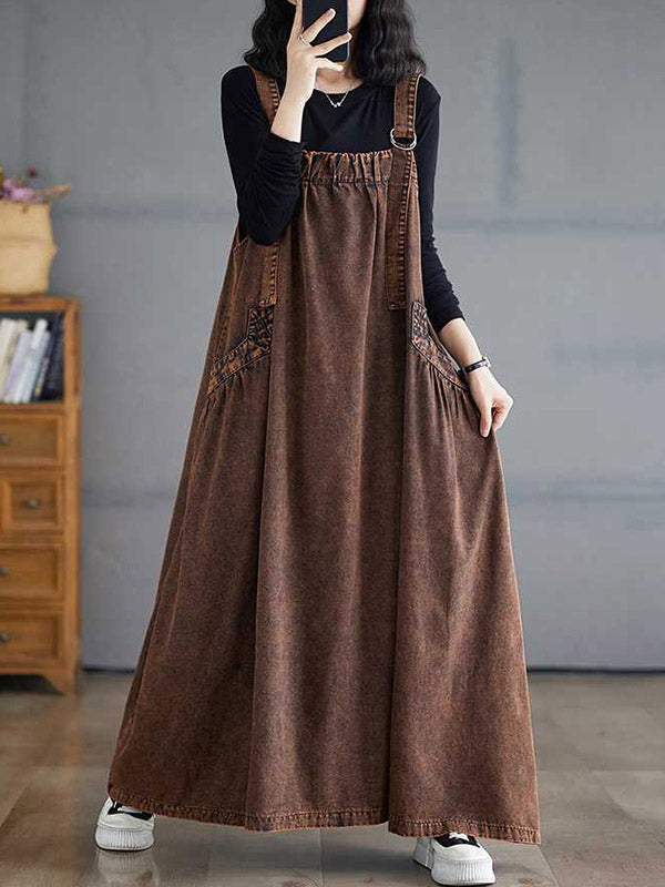Pleated Pockets Solid Color Split-Joint A-Line Loose Spaghetti-Neck Suspender Dress