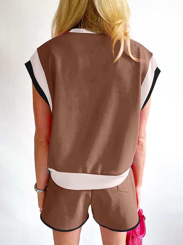 Contrast Color Elasticity Loose Short Sleeves Round-Neck T-shirt + Shorts Two Pieces Set