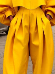 Pleated Pockets Solid Color High-Low Loose Trousers Pants