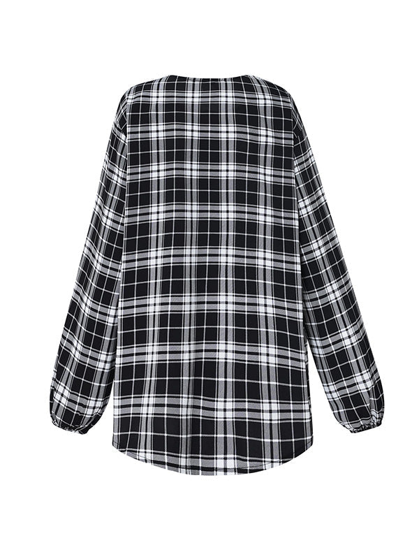 Buttoned Elasticity Plaid Pockets Long Sleeves Loose Round-Neck Blouses&Shirts Tops