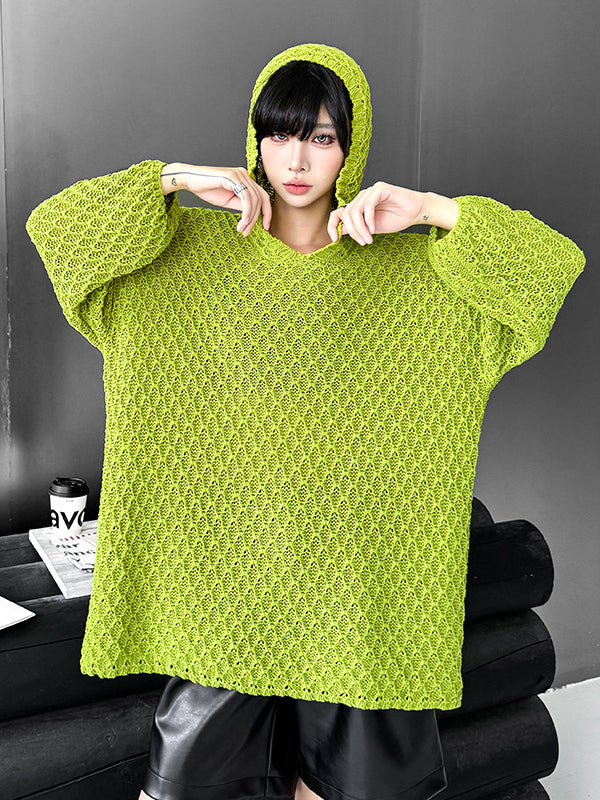 Hollow Solid Color Long Sleeves Loose Hooded Sweater Tops
