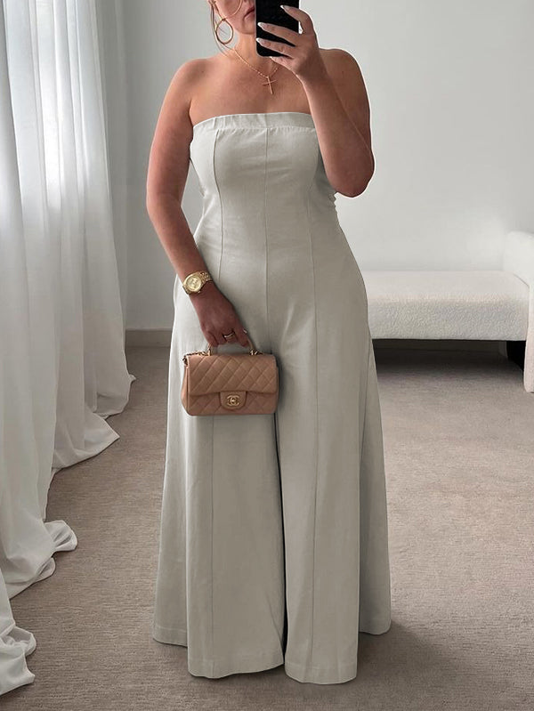 Pockets Solid Color Split-Joint High Waisted Sleeveless Tube Jumpsuits