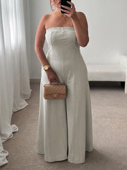 Pockets Solid Color Split-Joint High Waisted Sleeveless Tube Jumpsuits