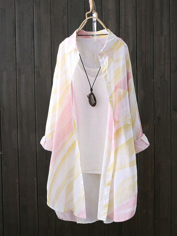 Printed See-Through Long Sleeves Loose Lapel Shirts Tops