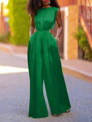 Hollow Solid Color Loose Wide Leg Round-neck Jumpsuits