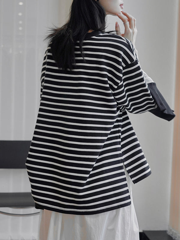 Contrast Color Split-Joint Split-side Striped Long Sleeves Loose Round-neck Sweatshirt Tops