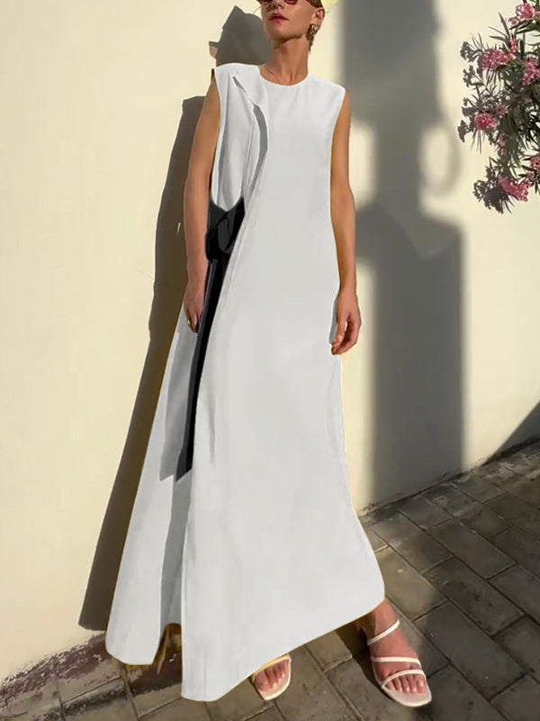 Asymmetric Contrast Color Split-Side Tied Loose Sleeveless Round-Neck Maxi Dresses