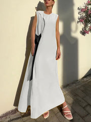 Asymmetric Contrast Color Split-Side Tied Loose Sleeveless Round-Neck Maxi Dresses