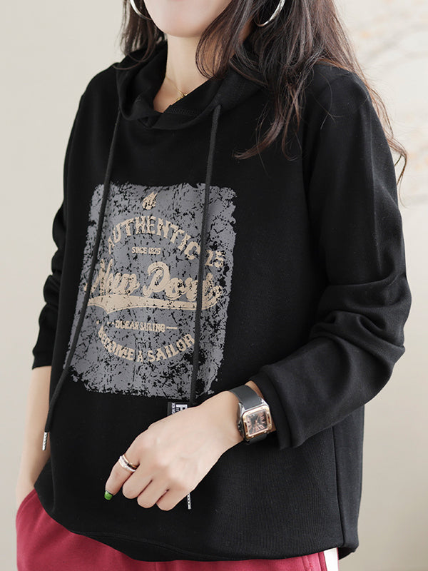 Drawstring Printed Long Sleeves Loose Hoodies Tops