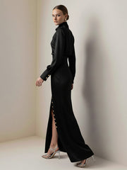 Split-Joint Heaps Collar Long Sleeves Pleated Blouses&Shirts Tops + Elasticated Waist Asymmetric Buttoned  Contrast Color Split-Side Zipper Skirts Bottoms Two Pieces Set
