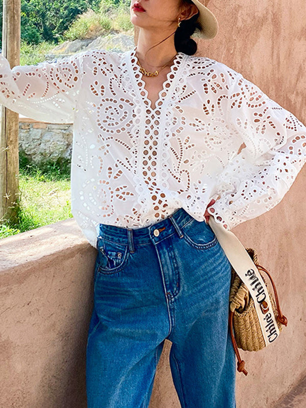 Hollow See-Through Solid Color Split-Joint Long Sleeves Loose V-Neck Blouses&Shirts Tops
