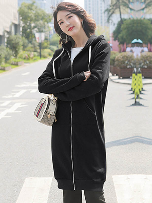 4Colors Drawstring Hooded Split-Joint Pocket Solid Color Zipper Outerwear