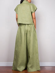 High Waisted Loose Drawstring Pleated Solid Color Split-Joint Pants Trousers