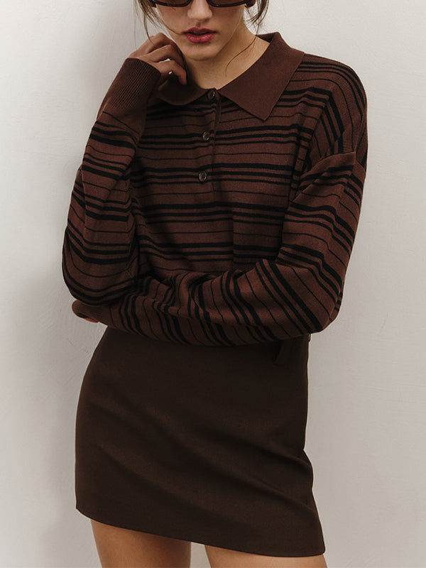 Split-Joint Striped Long Sleeves Lapel Sweater Tops