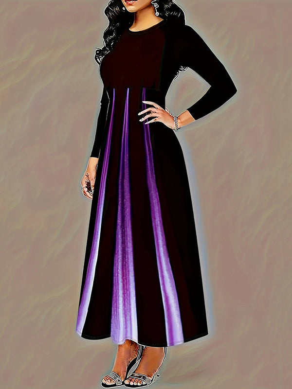 Gradient Pockets Printed Split-Joint A-Line High Waisted Round-Neck Maxi Dresses