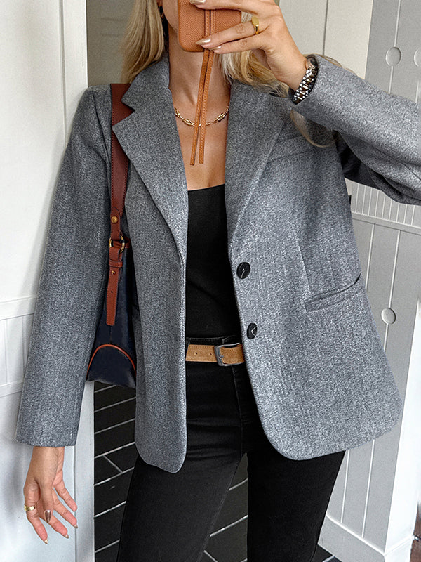 Buttoned Pockets Solid Color Long Sleeves Notched Collar Suit Outerwear