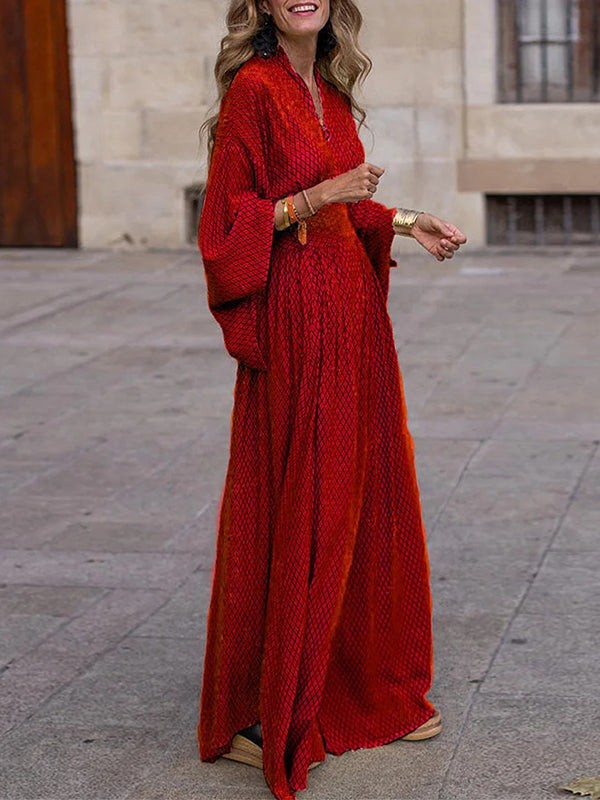 Raglan Sleeve Pleated Split-Joint V-Neck Maxi Dresses