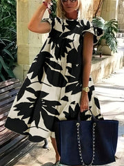 Flower Print Pleated Loose Ruffle Sleeves Round-Neck Midi Dresses