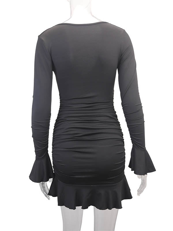 Pleated Ruffled Solid Color Split-Joint Bodycon Elasticated Waist V-Neck Midi Dresses