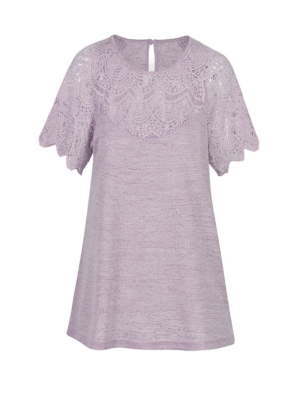 Hollow Solid Color Split-Joint Loose Short Sleeves Round-Neck T-Shirts Tops