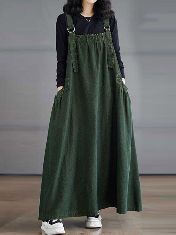 Pleated Pockets Solid Color Split-Joint A-Line Loose Spaghetti-Neck Suspender Dress