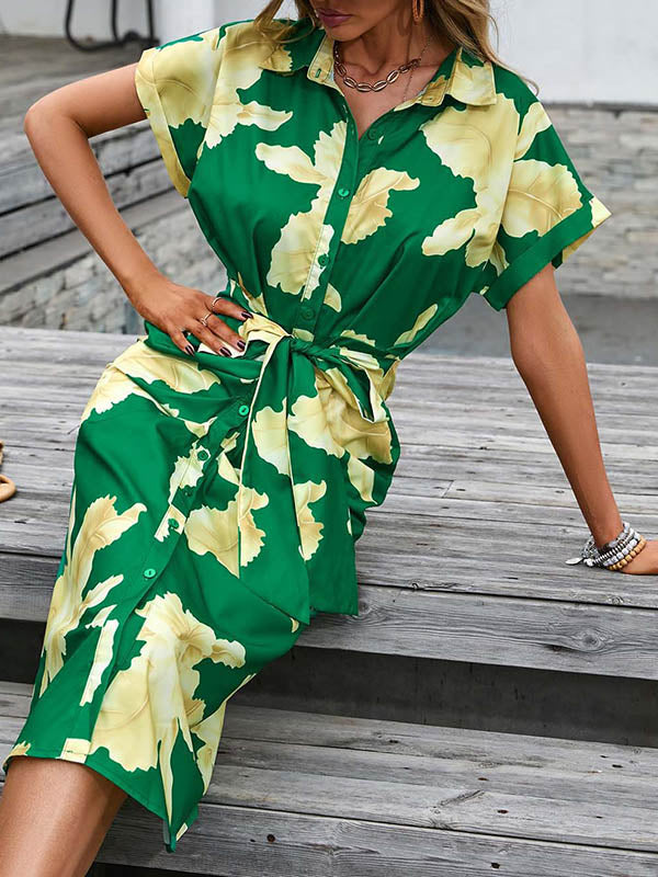 Buttoned Flower Print Pleated Tied Waist Raglan Sleeve Short Sleeves Lapel Shirt Dress Midi Dresses