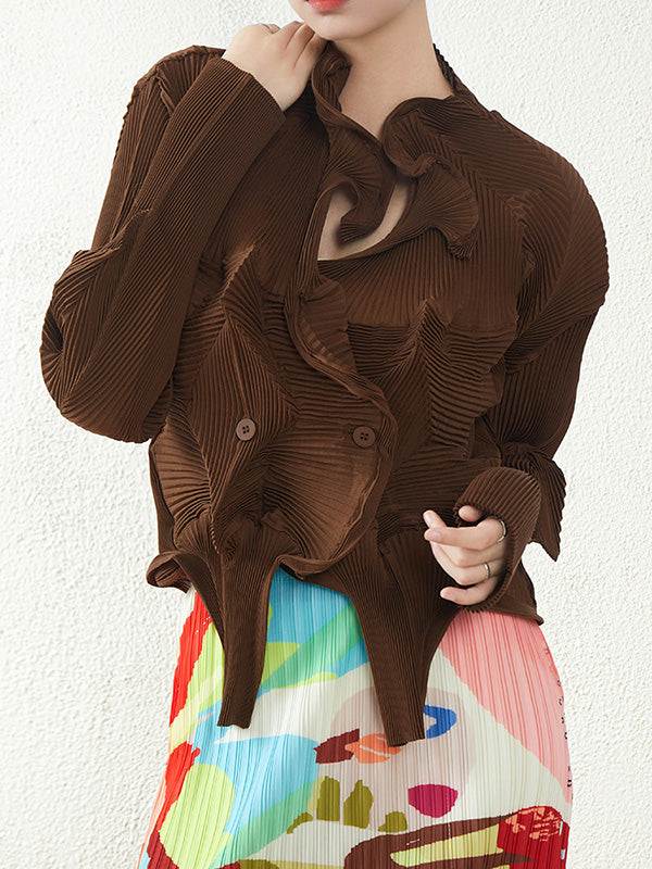 Original Creation Irregularity Long Sleeves Buttoned Pleated Solid Color Outerwear