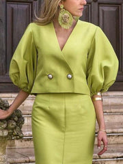 Buttoned Elasticity Solid Color Split-Joint Half Sleeves Loose V-Neck Blouses&Shirts Tops