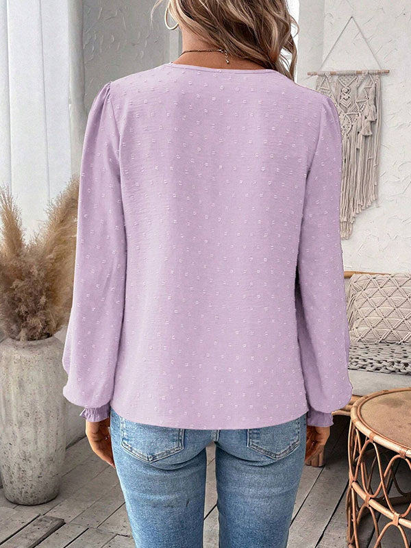 Elasticity Hollow Jacquard Solid Color Split-Joint Loose Puff Sleeves V-Neck Blouses&Shirts Tops