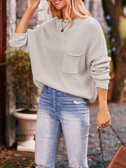 Hollow Pockets Solid Color Batwing Sleeves Long Sleeves Round-Neck Sweater Tops Pullovers Knitwear