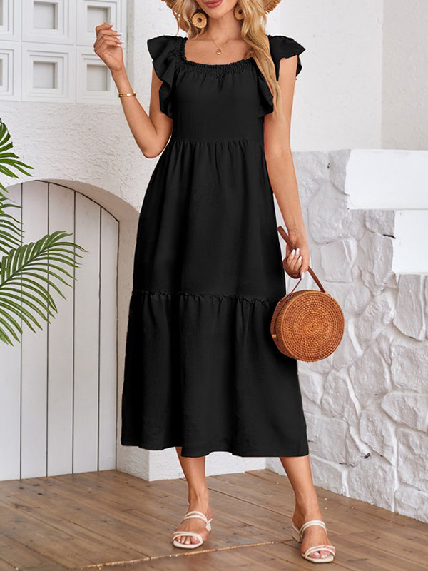 Elasticity Pleated Ruffled Solid Color Split-Joint A-Line Loose Off-The-Shoulder Midi Dresses