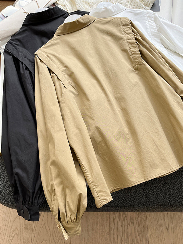 Solid Color Loose Puff Sleeves Lapel Blouses