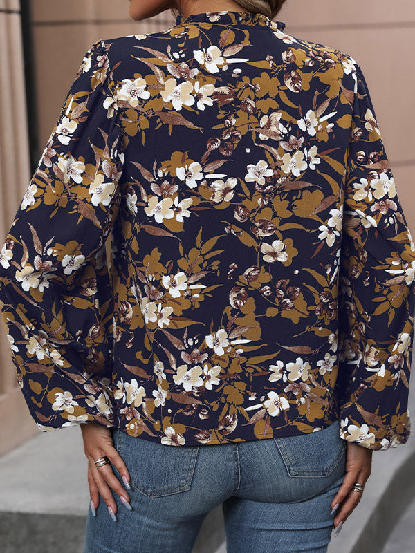 Flower Print Long Sleeves Loose V-Neck Blouses&Shirts Tops