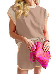 Contrast Color Elasticity Loose Short Sleeves Round-Neck T-shirt + Shorts Two Pieces Set