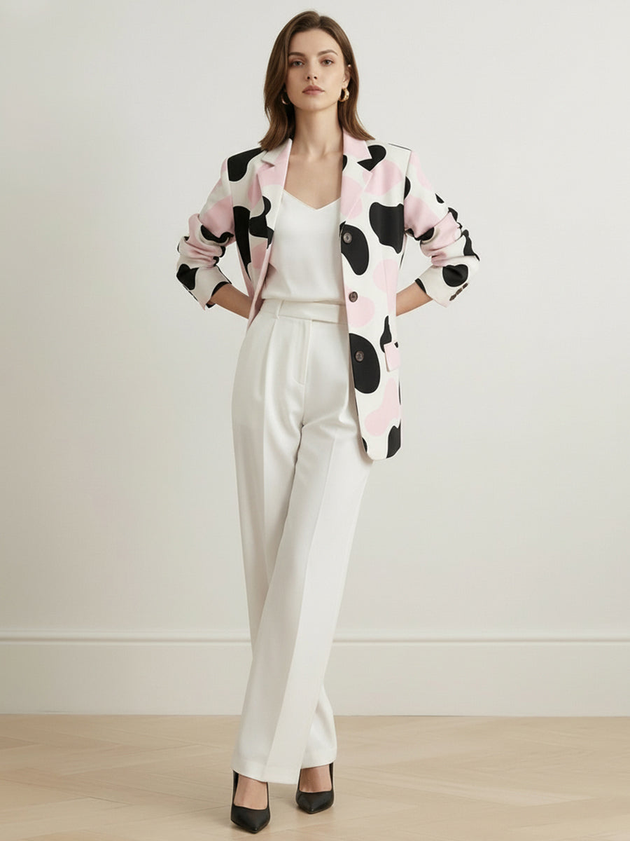Buttoned Contrast Color Cow Printed Split-Joint Long Sleeves Loose Notched Collar Outerwear Blazer