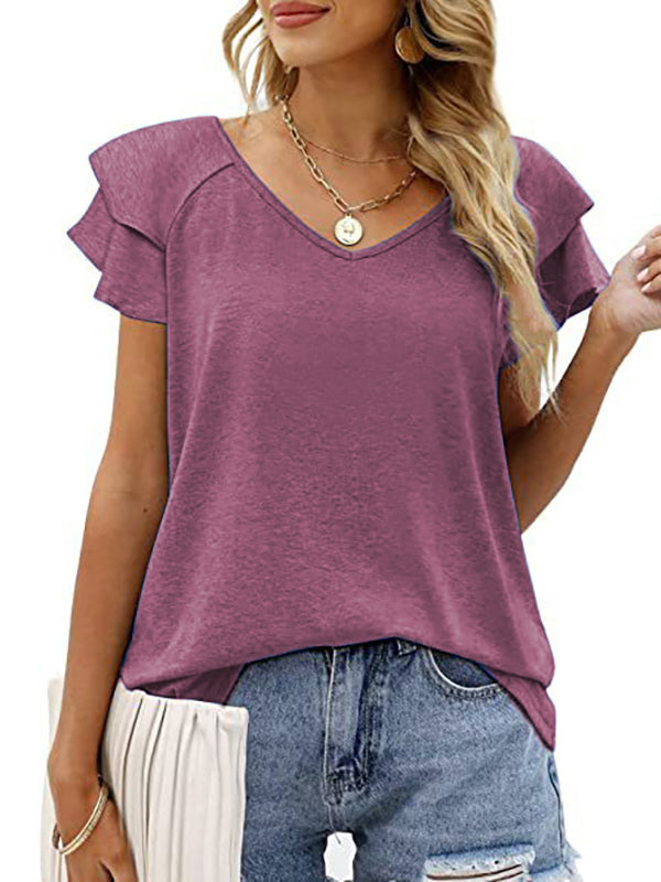 Double Layered Solid Color Split-Joint Loose Ruffle Sleeves Round-Neck T-Shirts Tops