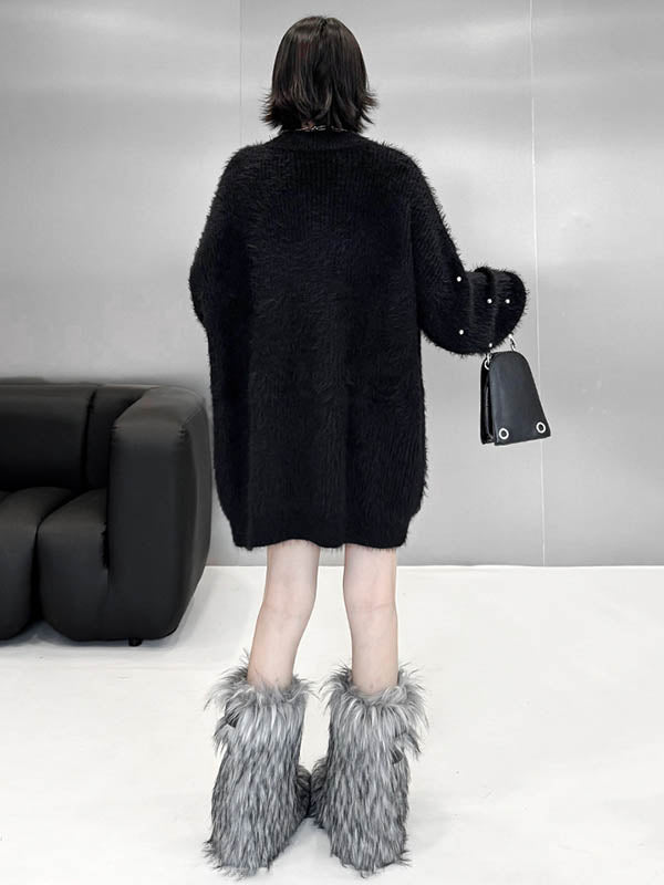 Beads Contrast Color Shiny Split-Joint Long Sleeves Loose Round-Neck Sweater Dresses Mini Dresses