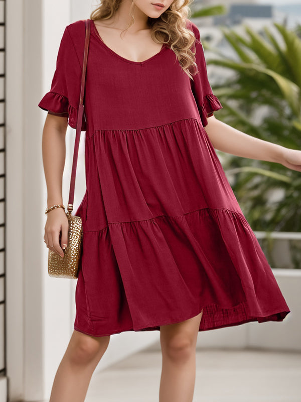 Pleated Pockets Ruffled Solid Color Split-Joint A-Line Flared Sleeves Round-Neck Mini Dresses