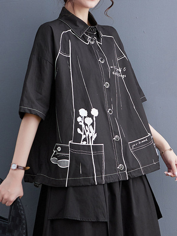 Buttoned Printed Loose Short Sleeves Lapel Blouses&Shirts Tops