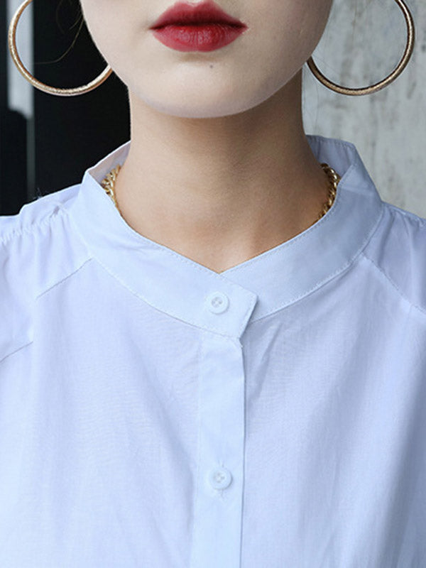 Elasticity Pleated Solid Color Split-Joint High-Low Long Sleeves Round-Neck Blouses