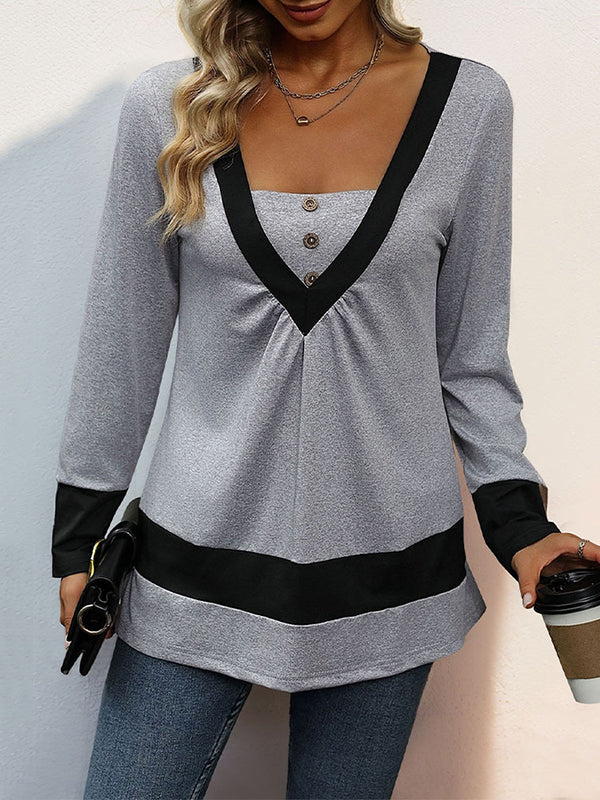 Buttoned Contrast Color Pleated Split-Joint Long Sleeves Loose V-Neck T-Shirts Tops