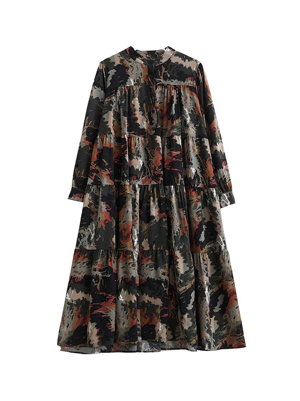 Pleated Printed Split-Joint A-Line Long Sleeves Round-Neck Midi Dresses
