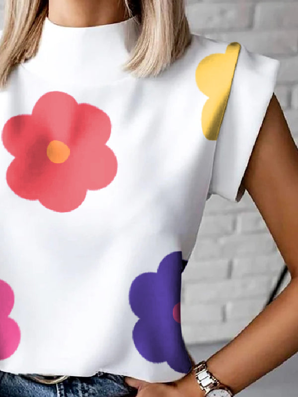 Floral Printed Cap Sleeve High-neck T-Shirts Tops