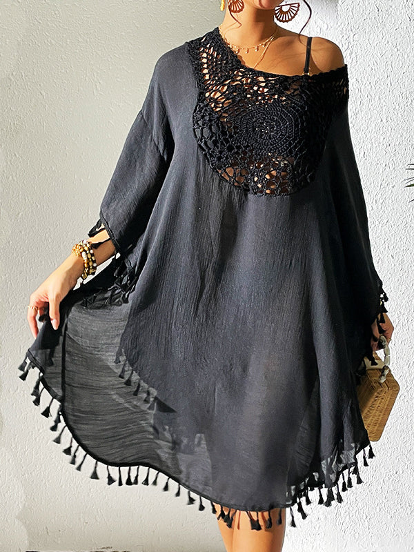 Hollow Solid Color Sun Protection Tasseled Batwing Sleeves Loose Round-Neck Midi Dresses Cover-Ups Tops