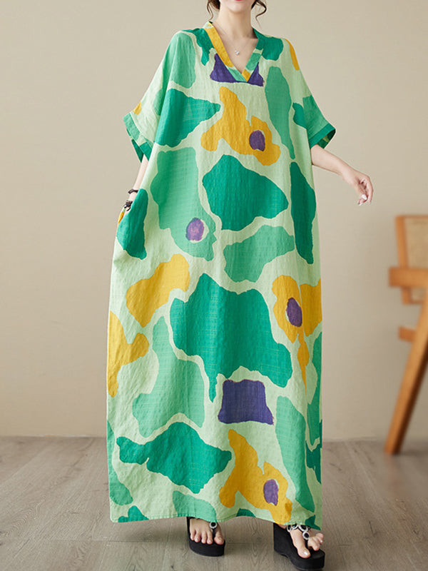 Color-Block Contrast Color Batwing Sleeves Loose Round-Neck Maxi Dresses