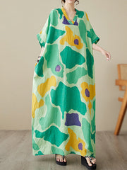 Color-Block Contrast Color Batwing Sleeves Loose Round-Neck Maxi Dresses