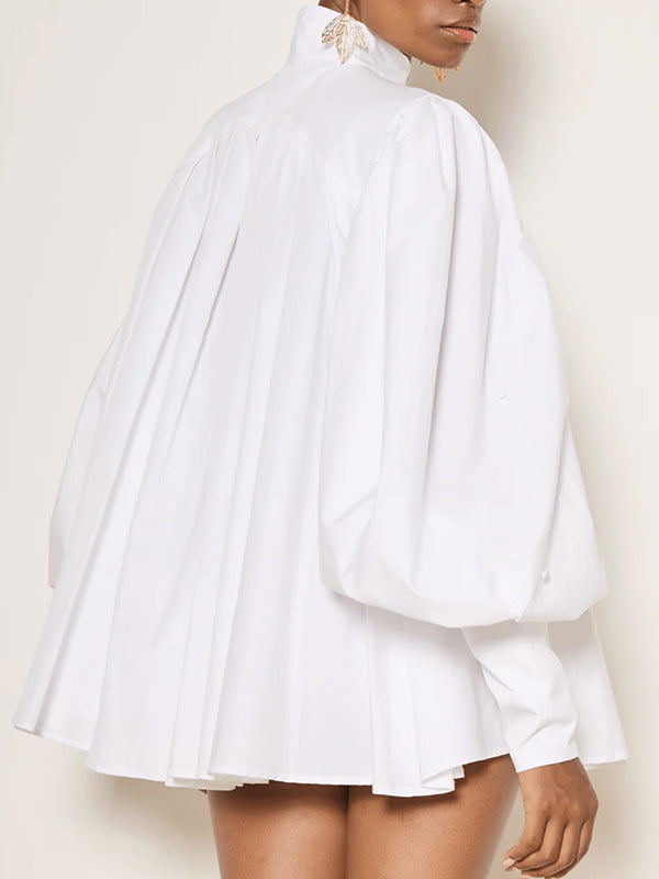 Buttoned Solid Color Loose Over Size High Neck Blouses&Shirts Tops
