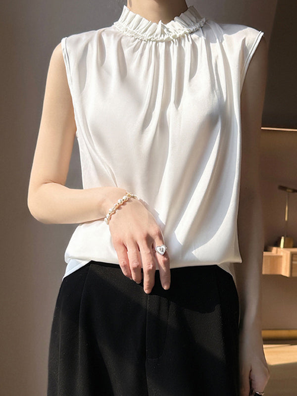 Pleated Ruffle Trim Solid Color Loose Sleeveless Stand Collar Vest Top
