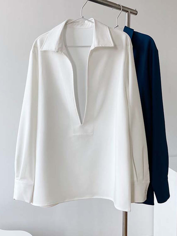 Solid Color Long Sleeves Loose Lapel Blouses